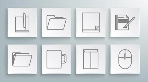 Set line Document folder, Coffee cup, Envelope, Computer mouse, File document Stock Illustration