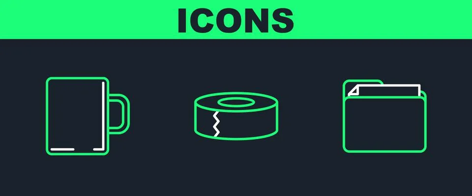 Set line Document folder, Coffee cup and Scotch icon. Vector Illustrazione stock