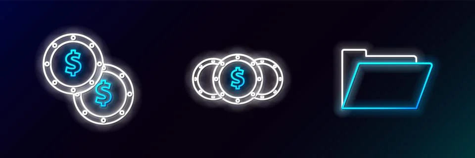Set line Document folder, Coin money with dollar symbol and  icon. Glowing ne Stock Illustration