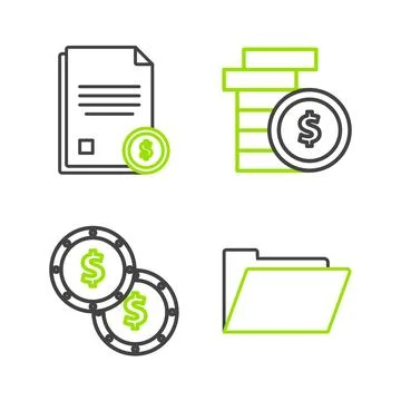 Set line Document folder, Coin money with dollar symbol, and Finance document Stock Illustration