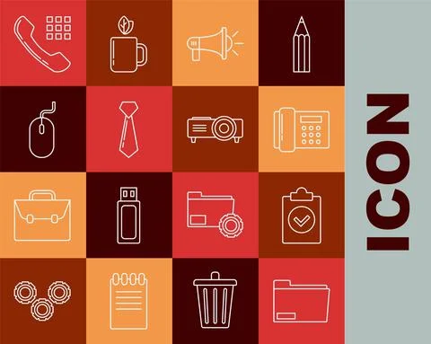 Set line Document folder, Completed task, Telephone, Megaphone, Tie, Computer Stock Illustration