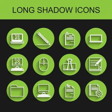 Set line Document folder, Computer monitor with keyboard, Laptop and cross ma Stock Illustration