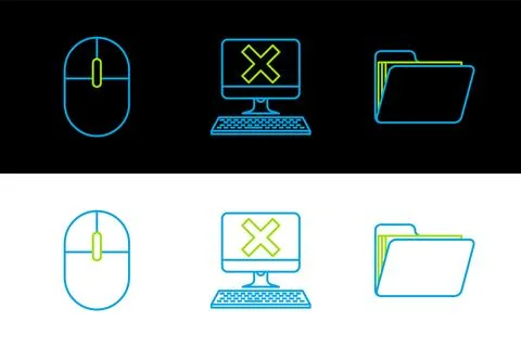 Set line Document folder, Computer mouse and with keyboard and x mark icon Illustrazione stock