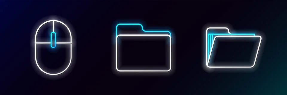 Set line Document folder, Computer mouse and  icon. Glowing neon. Vector Stock Illustration