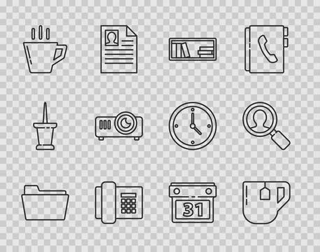 Set line Document folder, Cup of tea with tea bag, Shelf books, Telephone, Co 스톡 일러스트
