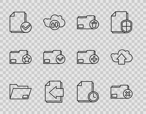 Set line Document folder, Delete, Next page arrow, and check mark, with clock Illustrazione stock