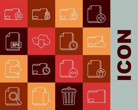 Set line Document folder, Delete file document, Cloud storage text, download Stock Illustration