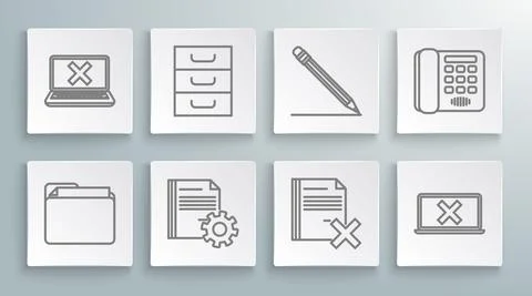 Set line Document folder, Drawer with documents, settings gears, Delete file Stock Illustration