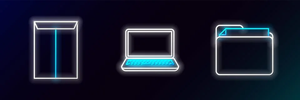 Set line Document folder, Envelope and Laptop icon. Glowing neon. Vector Stockillustratie