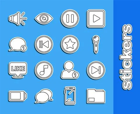 Set line Document folder, Fast forward, Microphone, Pause button, Rewind, Speech Stock Illustration