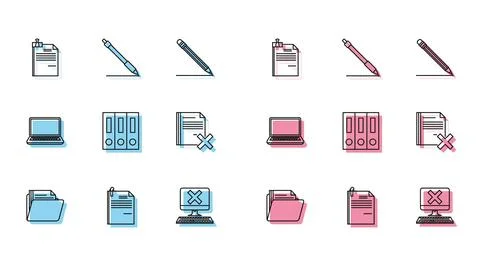 Set line Document folder, File document and paper clip, binder, Computer with Stock Illustration