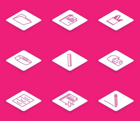 Set line Document folder, File document and paper clip, Pencil case stationery Stock Illustration