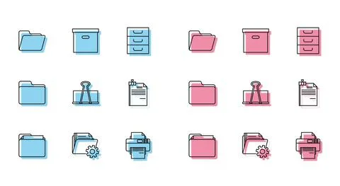 Set line Document folder, Folder settings with gears, Printer, Binder clip, File Stock Illustration