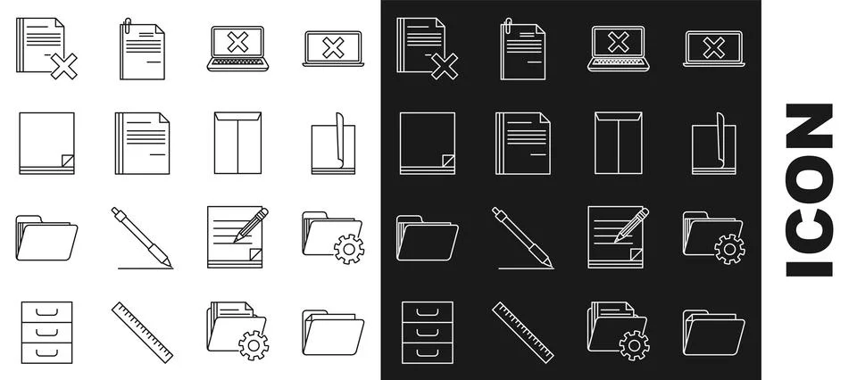 Set line Document folder, Folder settings with gears, File document, Laptop and 스톡 일러스트