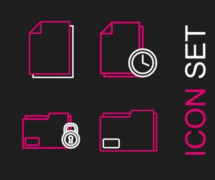 Set line Document folder, Folder and lock, with clock and  icon. Vector Illustrazione stock
