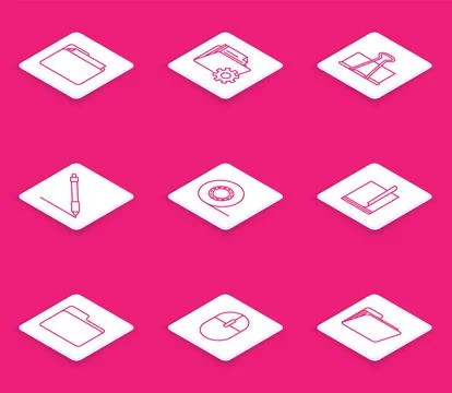 Set line Document folder, Folder settings with gears, Binder clip, Pen line.. 库存插图