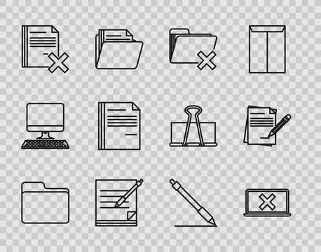 Set line Document folder, Laptop and cross mark on screen, Delete, Blank no.. 스톡 일러스트