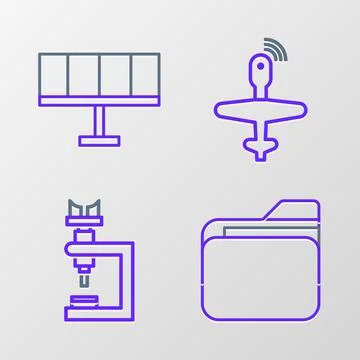 Set line Document folder, Microscope, UAV Drone and Solar energy panel icon.. 스톡 일러스트