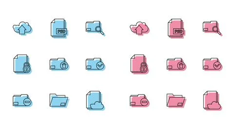 Set line Document folder with minus, Cloud upload, storage text document, Delete Illustrazione stock