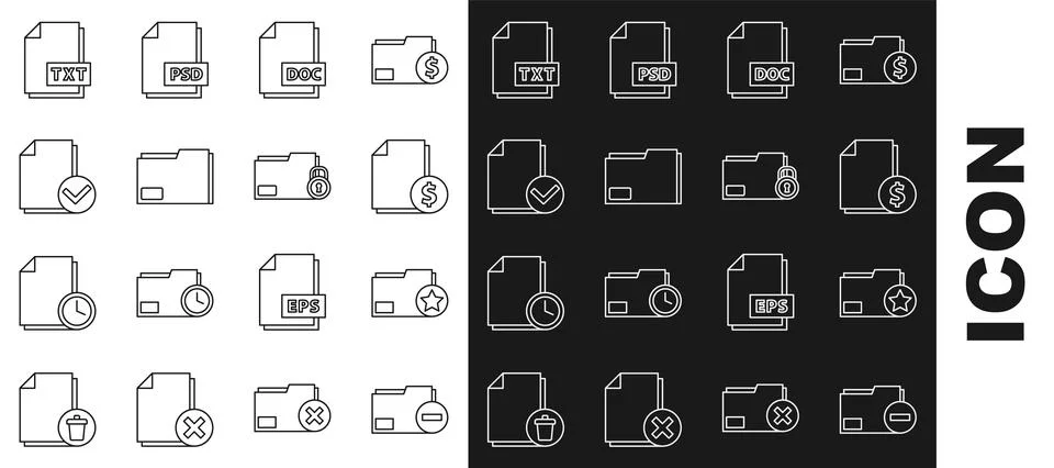 Set line Document folder with minus, star, Finance document, DOC file, and check Stockillustratie