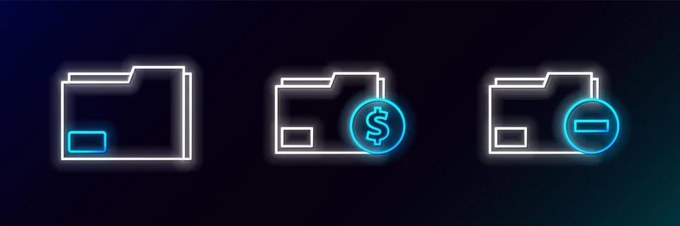 Set line Document folder with minus, and Finance document icon. Glowing neon Stock Illustration