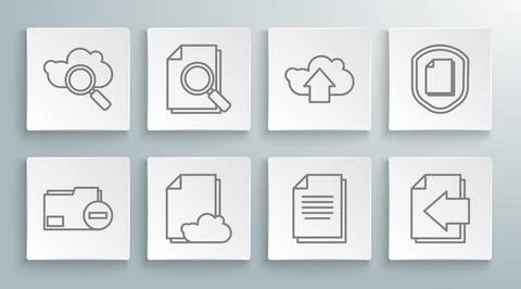 Set line Document folder with minus, search, Cloud storage text document, Nex Stockillustratie