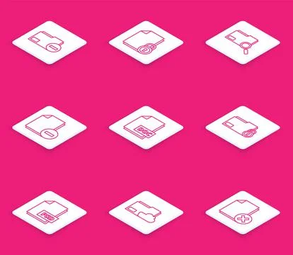 Set line Document folder with minus, and lock, Search concept, DOC file docum Illustrazione stock