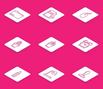 Set line Document folder, with minus, Computer mouse, Cactus and succulent .. Stock Illustration