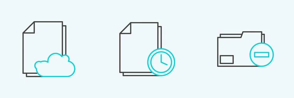Set line Document folder with minus, Cloud storage text document and clock .. 스톡 일러스트