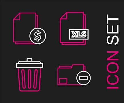 Set line Document folder with minus, Trash can, XLS file document and Finan.. Stock Illustration