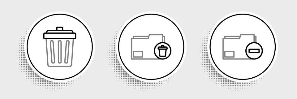 Set line Document folder with minus, Trash can and Delete icon. Vector Illustrazione stock