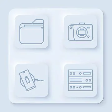 Set line Document folder, Mirrorless camera, Wireless charger and Server, Data Stock Illustration