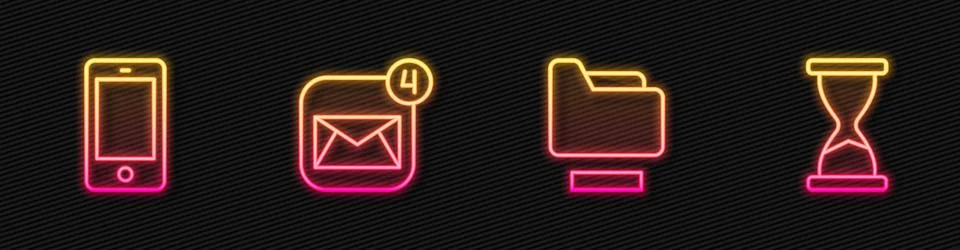 Set line Document folder, Mobile phone, Envelope and Old hourglass. Glowing neon Stock Illustration