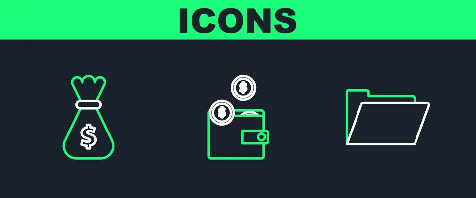 Set line Document folder, Money bag and Wallet with coins icon. Vector Stock Illustration