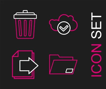 Set line Document folder, Next page arrow, Cloud with check mark and Trash can Stock Illustration