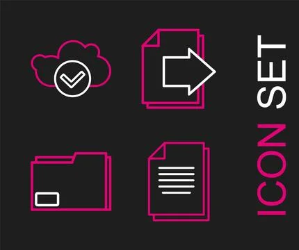 Set line Document, folder, Next page arrow and Cloud with check mark icon. .. Stock Illustration