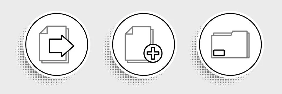 Set line Document folder, Next page arrow and Add new file icon. Vector Illustrazione stock