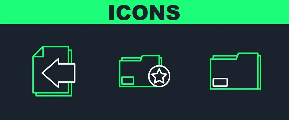 Set line Document folder, Next page arrow and with star icon. Vector Illustrazione stock
