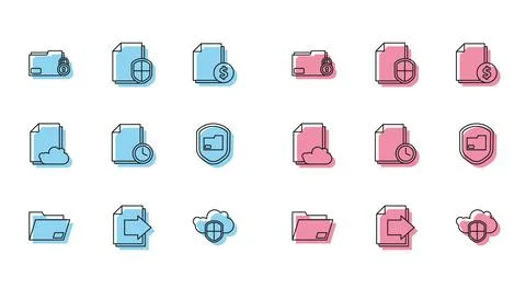 Set line Document folder, Next page arrow, Folder and lock, Cloud shield, w.. 스톡 일러스트