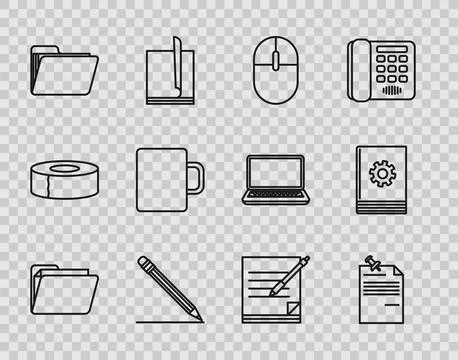 Set line Document folder, Note paper with pinned pushbutton, Computer mouse.. Stock Illustration