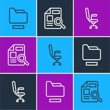 Set line Document folder, Office chair and with graph chart icon. Vector Stock Illustration