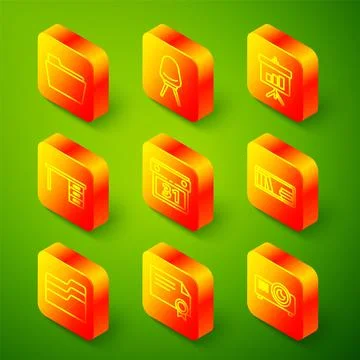 Set line Document folder, Office chair, Chalkboard with diagram, desk, Calendar Stock Illustration