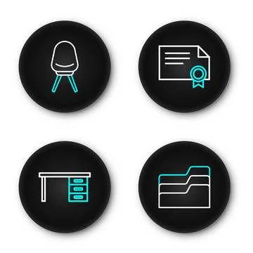 Set line Document folder, Office desk, Certificate template and chair icon... Stock Illustration