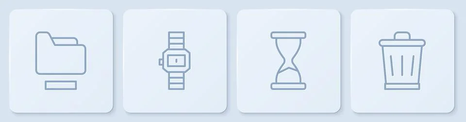 Set line Document folder, Old hourglass, Wrist watch and Trash can. White squ Stock Illustration