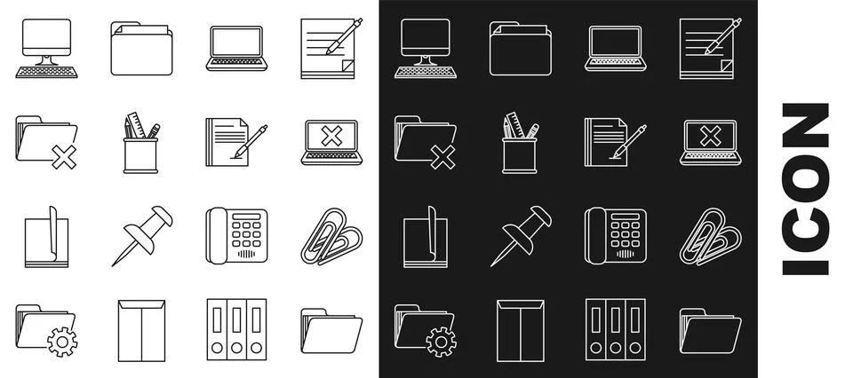 Set line Document folder, Paper clip, Laptop and cross mark on screen, Penc.. Illustrazione stock