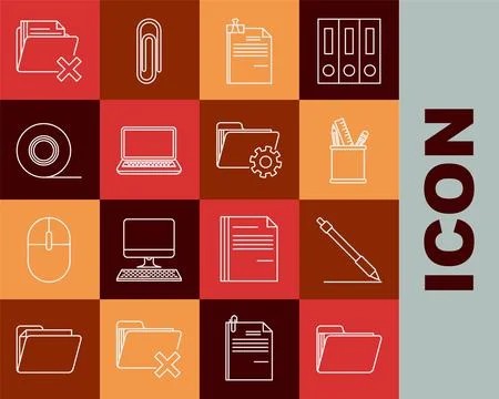 Set line Document folder, Pen line, Pencil case stationery, File document and Stock Illustration