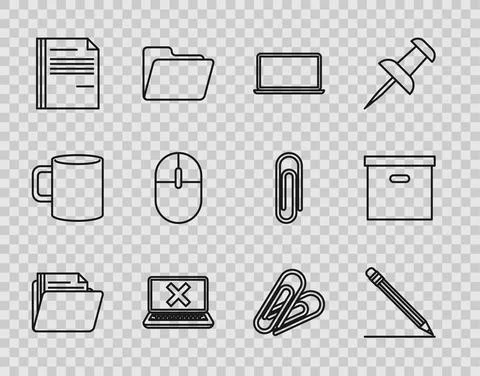 Set line Document folder, Pencil with eraser and line, Laptop, cross mark on Stock Illustration