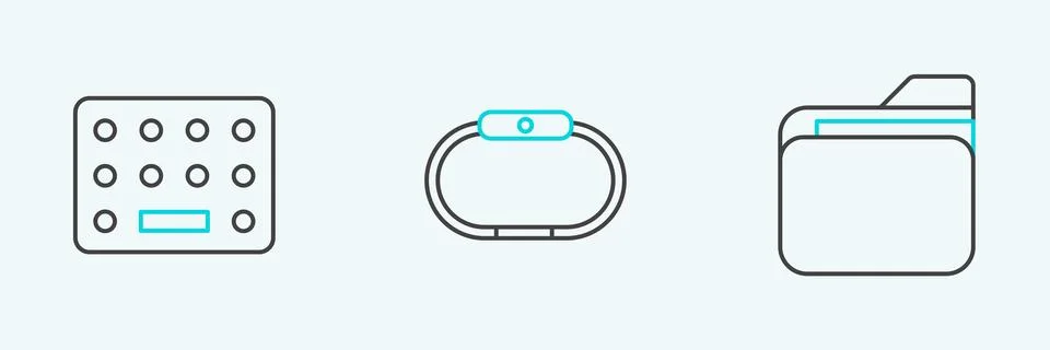 Set line Document folder, Pills in blister pack and Smartwatch icon. Vector Stock Illustration