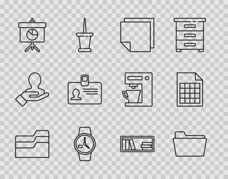 Set line Document folder, Post note stickers, Wrist watch, Chalkboard with イラスト素材