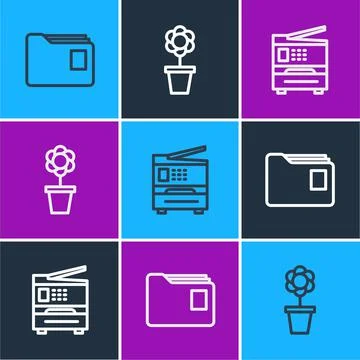 Set line Document folder, Printer and Flower pot icon. Vector Stock Illustration